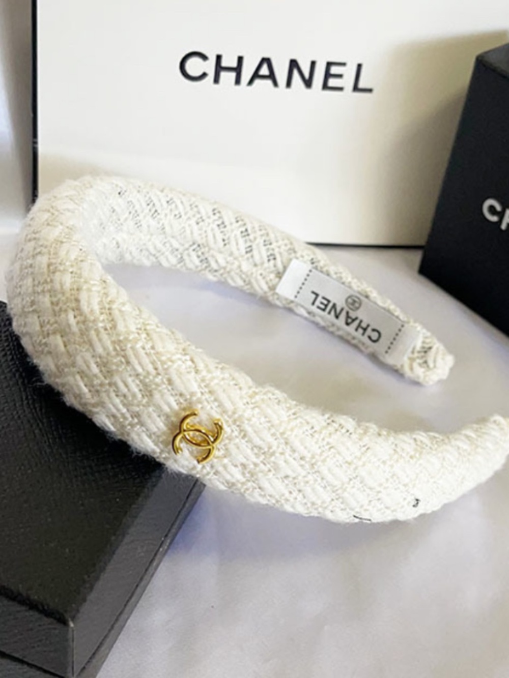 White Tweed Headband with Gold Accents New